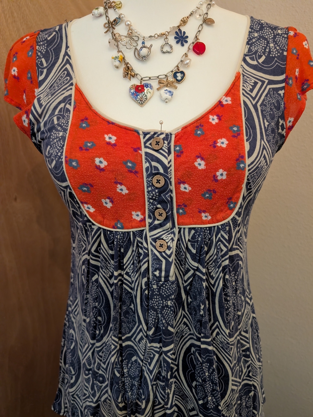 Anthropologie - Navy Blue and Red Floral Panel Babydoll Top